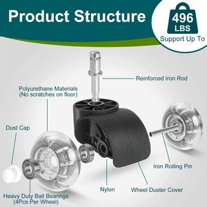 Roues de chaise de bureau en polyuréthane, 5 pièces, pour sols en bois dur/terrasses en moquette, ajustement universel, charge maximale de 496LBS, roulettes pour meubles - Product Image 5