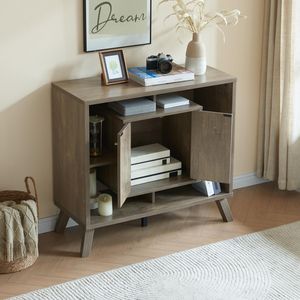 Mobiletto Libreria Compatto a Due Ante con Quattro Ripiani Aperti, Credenza Espositiva con Gambe Svasate in Legno e Pomelli in Metallo per Soggiorno - Product Image 2