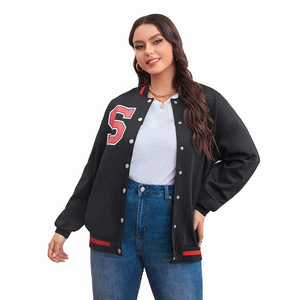 Wholesale Premium Women's Black Varsity Jacket Full Sleeve Contrast Trim <b>Covered</b> <b>Button</b> Closure Regular Fit Embroidery Cotton - Product Image 2