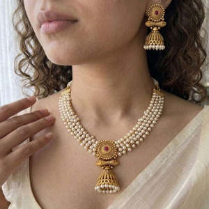Traditional Matte Pota Stone and <b>Pearl</b> Fine Jewelry <b>Necklace</b> <b>Set</b> - Product Image 1