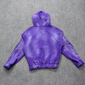 Sudadera con capucha morada tie-dye para mujer, informal, corta, de algodón tejido con patrón de puntos de diamantes de imitación y decoración de agujeros. - Product Image 2