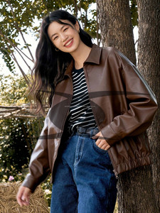 Veste de motard en cuir de vache véritable, imprimé en velours côtelé, personnalisable, pour femme - Product Image 3