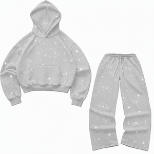 Conjunto Deportivo Unisex con Capucha y Estampado de Purpurina Gris, Corte Holgado Informal, Pantalones con Cordón y Bolsillos Laterales, Ropa de Otoño - Product Image 1