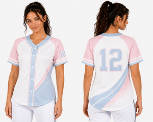 Maillot de baseball sublimé pour femme, multicolore, manches courtes, col en V, séchage rapide, motif uni, coupe ajustée, numéro d'équipe - Product Image 4