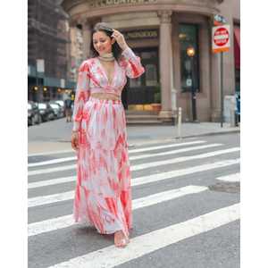 Top court et jupe Maya Bohème à col en V et manches longues en blanc et orange, taille XS, tissu en mousseline respirant, toutes saisons - Product Image 2