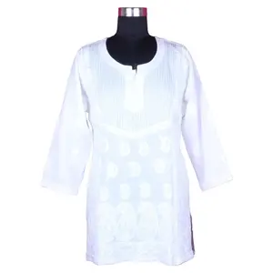 DR174 Indian Cotton Hand Chicken Embroidered Kurti Women Blouse Tunic Casual Shirt Ethnic Dress Lucknowi Kurti Indian Designer