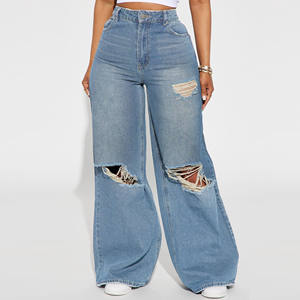 Pantalon en jean noir déchiré taille haute à jambe large, longueur intégrale, fermeture boutonnée, style décontracté, tissu 100 % coton tissé - Product Image 6