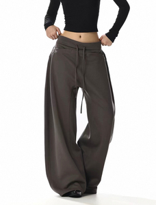 Pantalones de Mujer de Cintura Alta, Pierna Ancha, Corte Holgado, con Cordón, Color Sólido, Estilo Casual, Tejido de Punto, Estilo Otoñal - Product Image 2