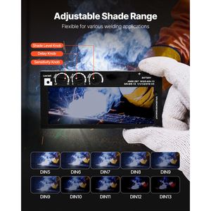 Lente per saldatura auto-oscurante da 4,25 x 2 pollici con doppi sensori di arco, tonalità 5-13 regolabile, True Color, certificata ANSI, in metallo con doppio rivestimento in oro - Product Image 3