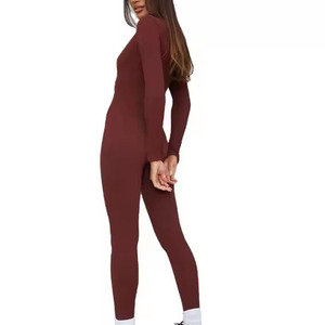 Combinaison moulante à manches longues et fermeture éclair pour femme, taille haute, couleur unie, coupe ajustée, longueur intégrale, col en V, effet ventre plat, style streetwear - Product Image 2