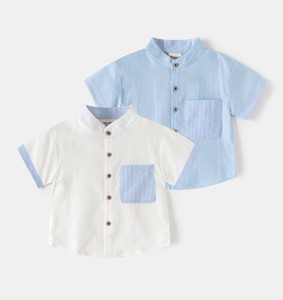 เสื้อเชิ้ตเด็กชาย คอจีน แขนสั้น สีพื้น ผ้าฝ้ายป๊อปลิน เสื้อลำลองมีกระเป๋า ทรงปกติ - Product Image 1