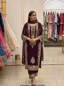 Robe Anarkali brodée violette pour femme, style traditionnel indien pakistanais, longueur ras du sol, en rayonne, coupe classique - Product Image 5
