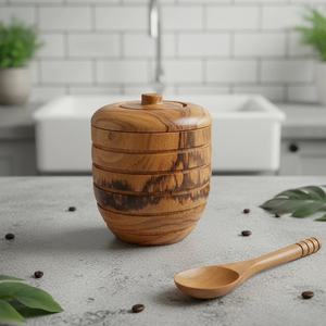 Pot à miel en bois massif écologique, fabriqué à la main, avec couvercle anti-humidité, design moderne pour utilisation en cuisine - Product Image 1