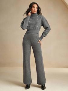 Conjunto Deportivo de Punto Gris para Mujer, Suéter de Cuello Alto y Pantalones Anchos, Estilo Casual de Invierno, Fabricante OEM de Marca Privada - Product Image 1