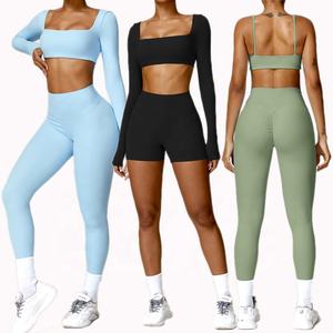 Nuevo Conjunto Deportivo de 2 Piezas para Mujer, Transpirable y Sin Costuras, para Yoga, Manga Larga, Cintura Alta, Pantalones Cortos Ajustados, Leggings - Product Image 1