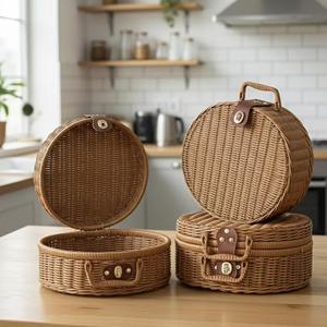 ตะกร้าหวายทรงกลมสไตล์เรียบง่ายพร้อมหูหิ้ว เหมาะสำหรับงานปาร์ตี้ในสวนและการจัดเก็บสัมภาระสำหรับการเดินทาง ขายส่งจากอินเดีย - Product Image 3
