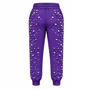 Pantalones Jogger con Cuentas de Perlas Moradas para Mujer, Pantalones Deportivos con Cordón Ajustable, Ropa Casual de Lujo, Pantalones de Felpa - Product Image 2