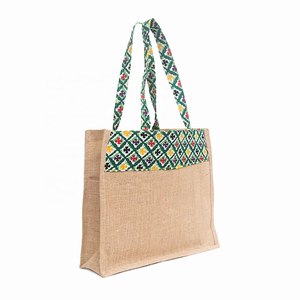 Eco Friendly and Customized Plane Burlap <b>Jute</b> Tote <b>Shopping</b> <b>Bag</b> with Green Cotton Printed Patch and Cotton Self Handle - Product Image 1