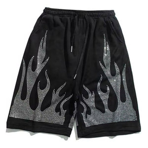 Men's Black Flame Rhinestone <b>Shorts</b> Street Style Drawstring Waist <b>Sequined</b> Print Breathable Knitted Fabric - Product Image 6