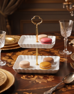 Modern White Metal 2 <b>Tier</b> <b>Cake</b> <b>Stand</b> Gold Stem Ornate Scroll Handle Rectangular Dessert Display Tray Party Table Decor - Product Image 5