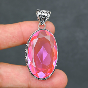 Magnifique pendentif ovale en quartz rose synthétique, style bohème, en argent sterling 925 plaqué rhodium, fait main, très demandé - Product Image 2