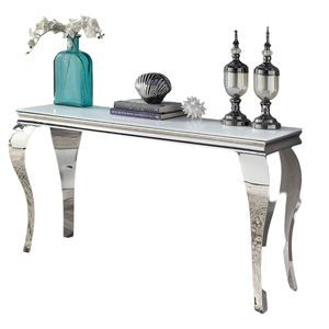 Tavolo Console Contemporaneo Glamour con Piano in Vetro Bianco e Gambe in Acciaio Inox Stile Cabriole per Soggiorno, Colore Argento - Product Image 5