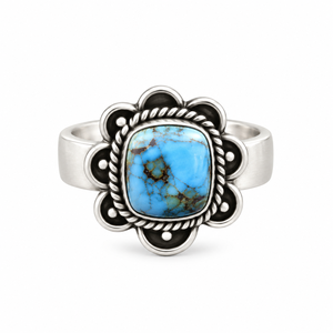 Anillo de Cobre con Turquesa Azul, Diseño Cuadrado de Flor, Hecho a Mano, Estilo Bohemio Occidental, Anillo de Joyería con Piedra Preciosa, Regalo para Mujer - Product Image 6