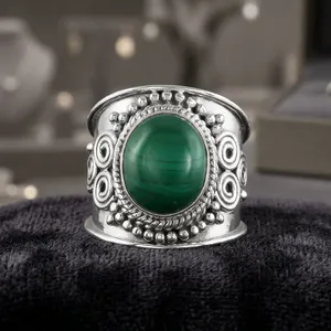 Bracelet large en argent sterling 925 avec malachite, fait main, style vintage, bijou tendance pour femme, cadeau - Product Image 4