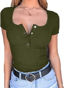 Blusa Casual de Punto Sólido para Mujer, Verde, con Cuello Redondo, Manga Corta, Acanalada, con Botones y Corte Recortado - Product Image 2