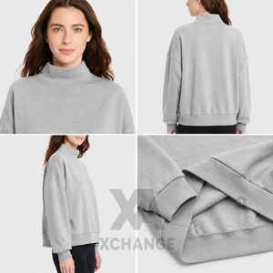 Sudadera Oversize de Cuello Alto para Mujer, Color Liso, Tejida, Manga Corta, Ropa de Invierno, Ajuste Regular, Diseño de Hombros Caídos, 100% Algodón - Product Image 4