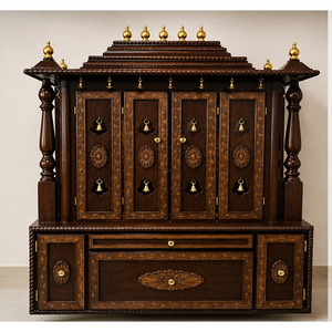 Premium Teak Wood Door Temple With Bells Traditional Wooden <b>Mandir</b> With Hanging Bells South Indian Style Walnut <b>Mandir</b> For Sale - Product Image 1