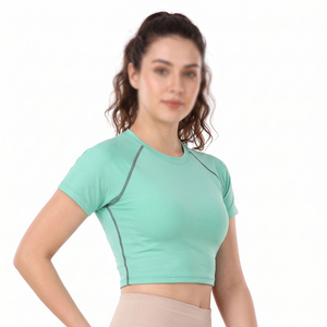 T-shirts courts oversize en Spandex pour femmes, T-shirt court boxy vierge personnalisé, hauts de sport unis à manches courtes pour hommes - Product Image 4