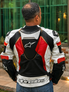 Blouson en cuir pour homme, style motard, coloris blanc, noir et rouge, fermeture éclair, respirant - Product Image 3