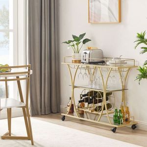 Carrello Bar in Vetro Elettroplaccato Oro con Portabottiglie e Portabicchieri per Servizio in Cucina - Product Image 3