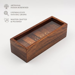 ชุดโดมิโนไม้ |   กล่องไม้โรสวูดอินเดียฝังทองเหลือง ฝาแก้ว ดับเบิ้ลซิกซ์ - Product Image 2
