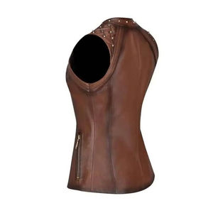 Women's <b>Leather</b> Motorcycle Vest Vintage Style <b>Sleeveless</b> Outerwear Waterproof Windproof Casual Fashion With Pockets - Product Image 4