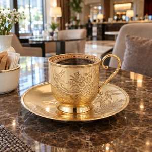 Ensemble tasse et soucoupe en laiton gravé à la main, luxe, or antique, tasse à café décorative, vaisselle en métal vintage, vaisselle de cuisine - Product Image 3