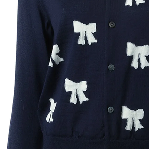 Navy & <b>White</b> Contrast Bow Wool/Cashmere Knit Cardigan Elegant V-neck Button Front Long Sleeve Thick Winter Layering Essential - Product Image 2