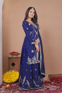 Vichitra Blooming <b>Sequin</b> Embroidered Top With <b>Flared</b> Palazzo And Dupatta Women Three Piece Festive Salwar Suit Set - Product Image 3