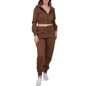 Women's <b>Brown</b> Hooded Tracksuit Set Full Sleeve Zipper Casual Solid Color <b>Joggers</b> With Side Pockets Autumn Wear - Product Image 6