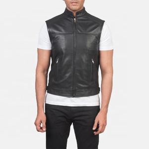 Gilet en cuir véritable pour homme, col en V, style motard, fermeture éclair, plusieurs poches, vêtement d'extérieur pour l'automne, longueur normale - Product Image 6