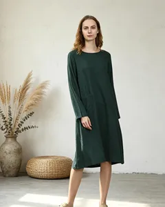 Vestido Midi de Lino y Algodón Verde para Mujer, Cuello Redondo, Manga Larga, Estilo Boho, Holgado, con Bolsillos, para Uso Diario Informal de Otoño - Product Image 4