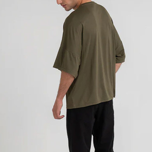 Chemise d'été décontractée pour homme, coupe ample, sans col, en popeline unie vert olive, manches courtes, grande taille, en coton - Product Image 4