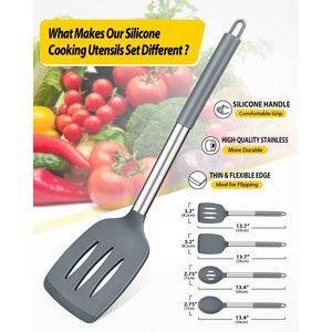 Espátulas Grandes Resistentes al Calor, Libres de BPA, Cucharas Ranuradas Grises, Paquete de 4 Utensilios de Cocina de Silicona, Juego de Herramientas de Cocina Antiadherentes - Product Image 2