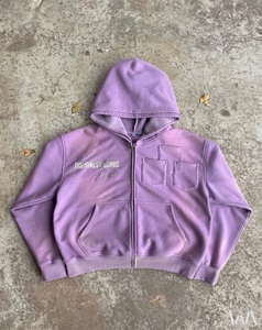 Sudadera con capucha y cremallera completa personalizada, lavada, morada, para hombre y mujer, estilo oversize vintage, de forro polar grueso. - Product Image 1