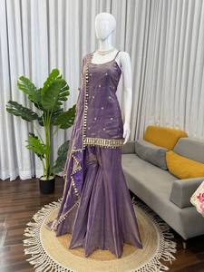 Conjunto de Salwar Kameez Tradicional de Seda Morada para Mujer, Diseño Indio-Pakistaní, Sin Arrugas, Elástico, para Fiestas y Bodas, Talla XL - Product Image 3