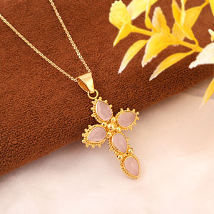 Designer gold plated cross <b>necklace</b> checker cut pink chalcedony pear shape gemstone <b>crucifix</b> cross pendant <b>necklace</b> for <b>women</b> - Product Image 3