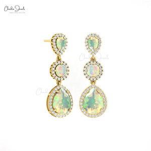Three Stone Halo Drop <b>Earrings</b> 6.14 CT Pear Cut Ethiopian Opal Cocktail <b>Earrings</b> 14k Pure Gold Hallmarked <b>Earrings</b> Wholesale Lot - Product Image 3