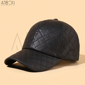 Premium Black Quilted Stylish Diamond Pattern Fashionable Streetwear Outdoor Casual Adjustable <b>Waterproof</b> Pu Leather <b>Caps</b> - Product Image 2