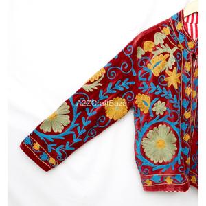 Elegant Red <b>Velvet</b> Embroidered Floral Eco-Friendly Breathable Mandarin Collar Full Sleeve Winter Women's Outerwear <b>Jacket</b> - Product Image 5